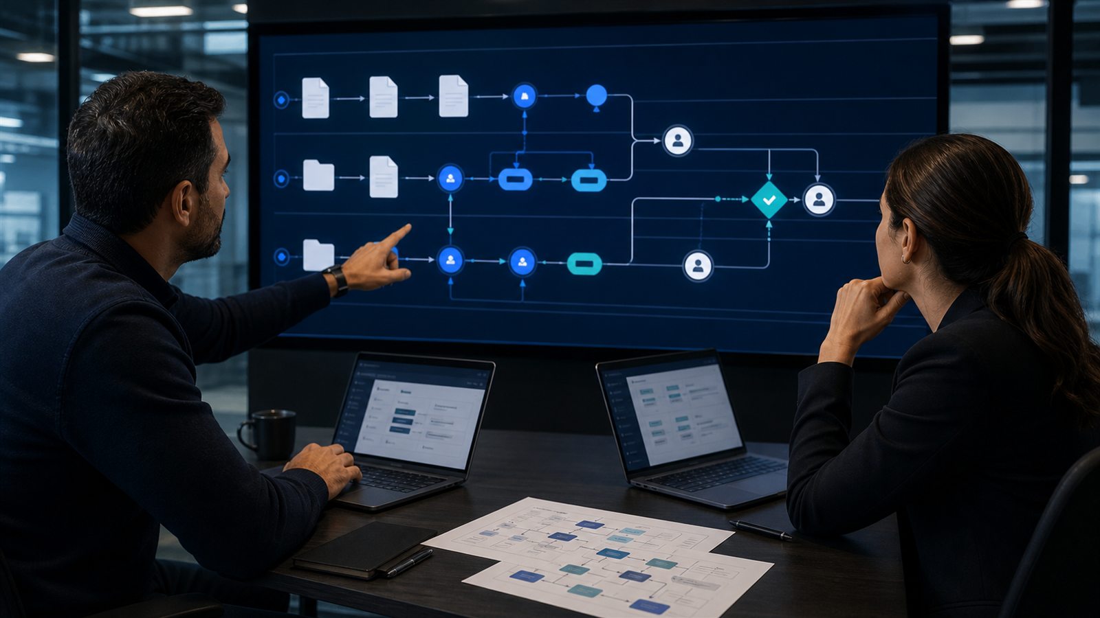 Flujo operativo con tickets, documentos, APIs y supervisión humana para automatización con IA