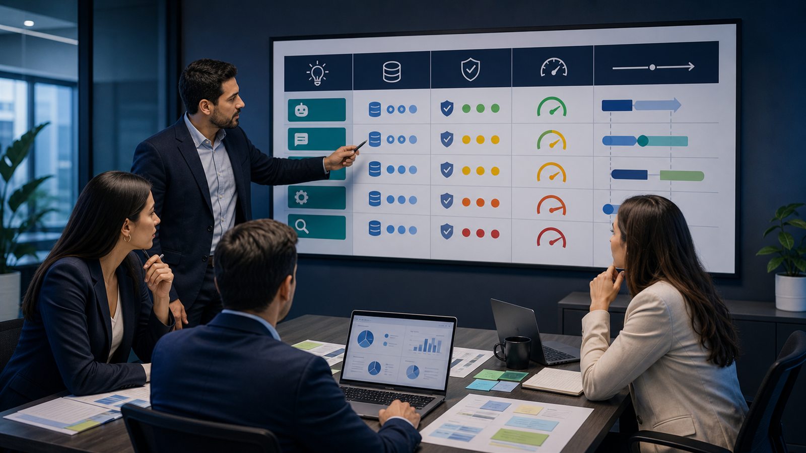 Workshop técnico con matriz de casos de uso, datos, riesgo y roadmap de inteligencia artificial