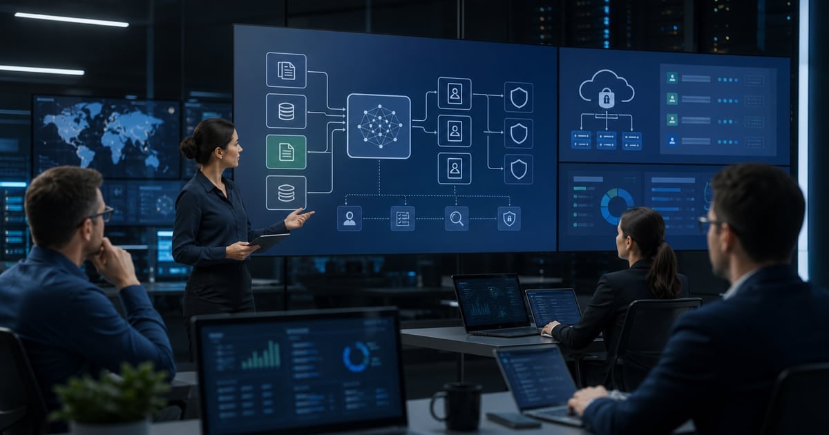 Equipo revisando arquitectura de IA, permisos, datos y controles de seguridad antes de integrar sistemas internos