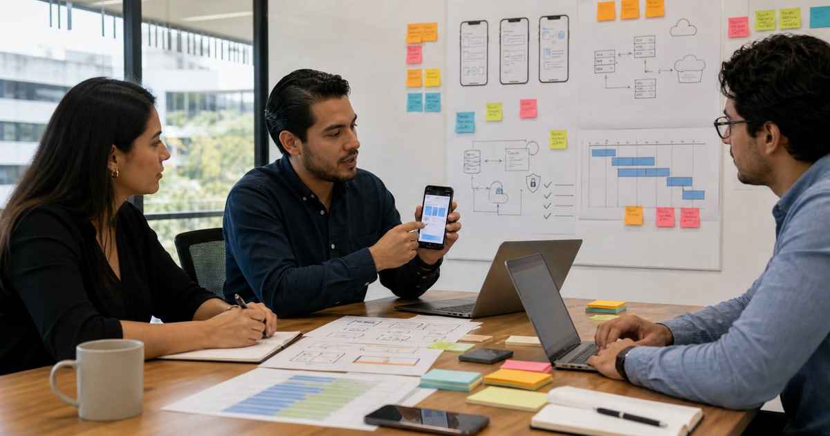 Equipo revisando alcance, integraciones, seguridad y mantenimiento para cotizar una app móvil empresarial