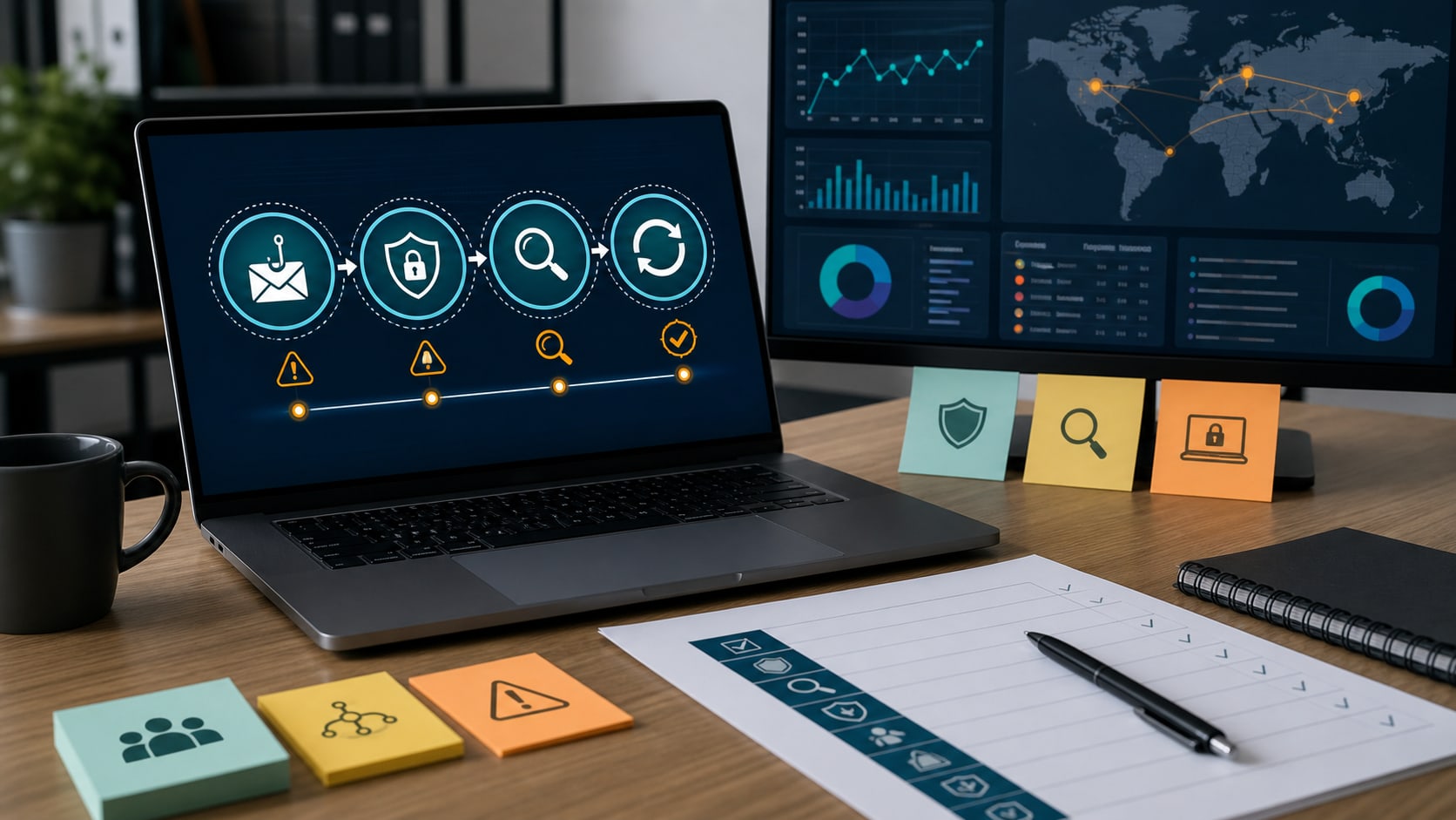 Mesa de trabajo con panel de respuesta a phishing, alertas de correo y checklist de investigación
