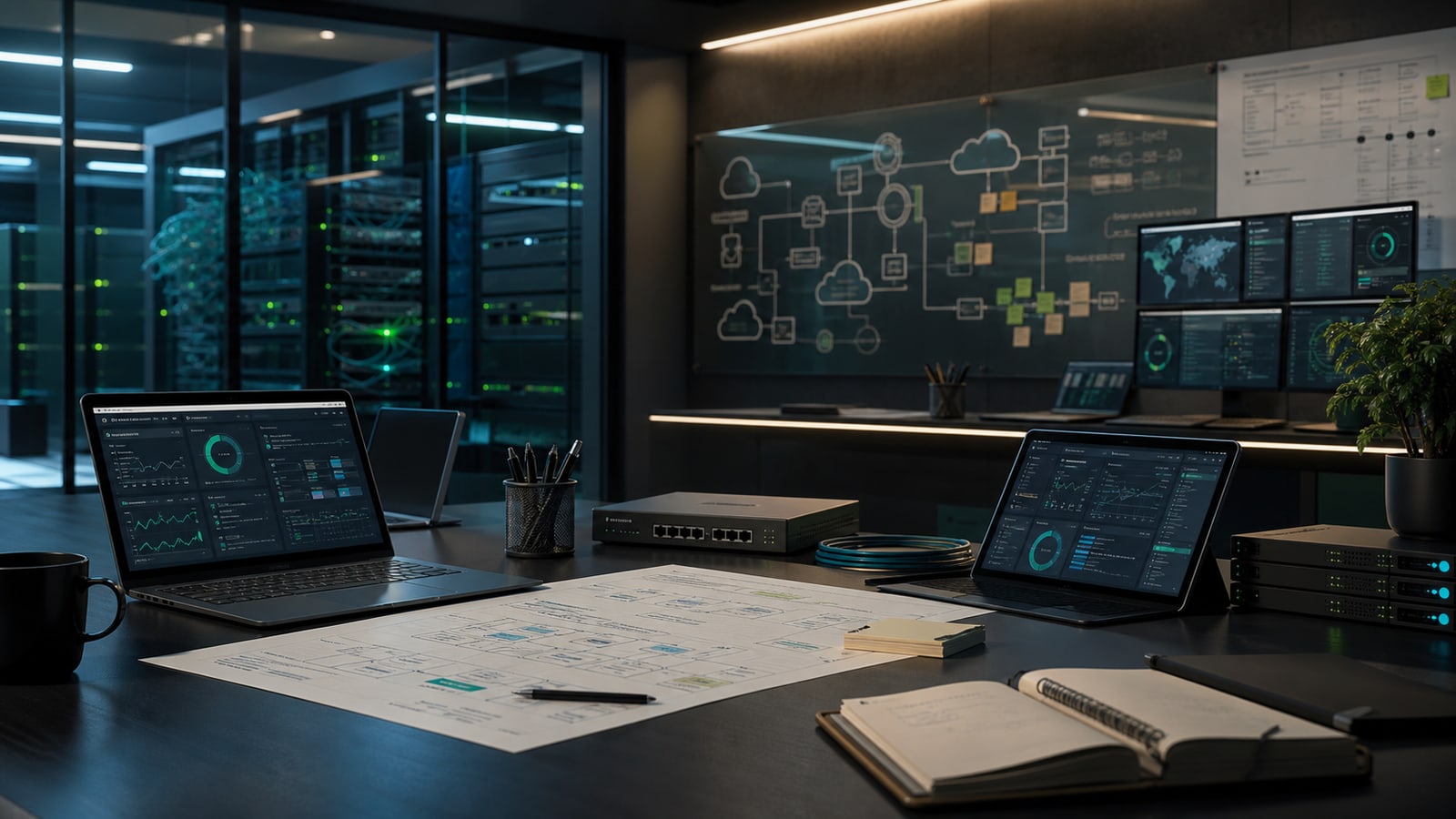 Estación técnica con tableros de seguridad, arquitectura de software e infraestructura operativa