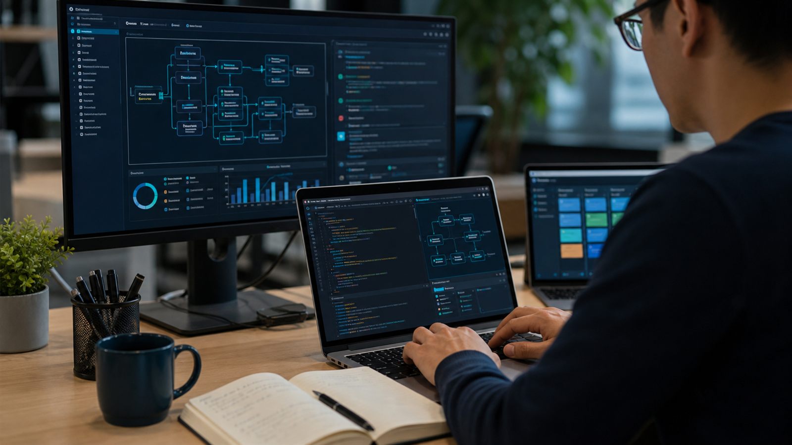 Paneles de operación, flujos de software y código revisados durante una sesión técnica