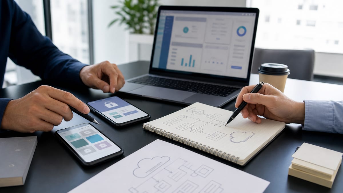 Equipo revisando flujos de una aplicación móvil empresarial conectada a sistemas internos