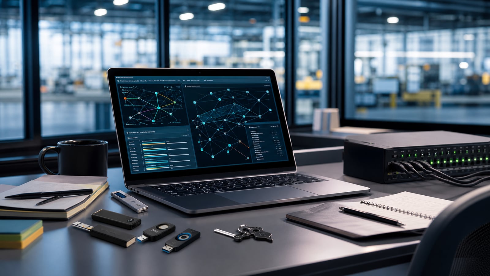 Estación técnica de pentest con análisis de vulnerabilidades y equipo de red en un entorno industrial