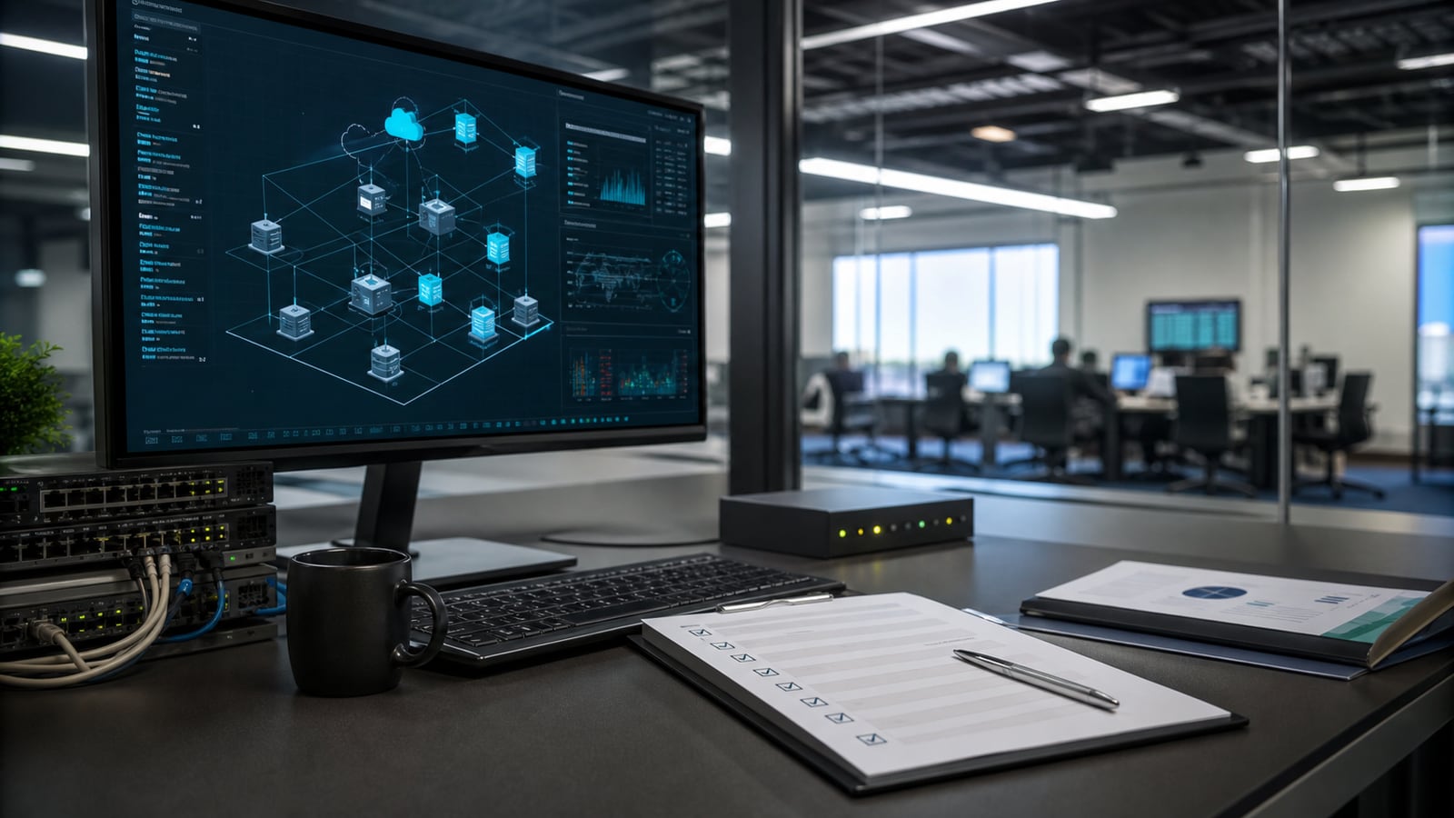 Monitor con arquitectura cloud, controles de seguridad y equipo de red en una oficina empresarial