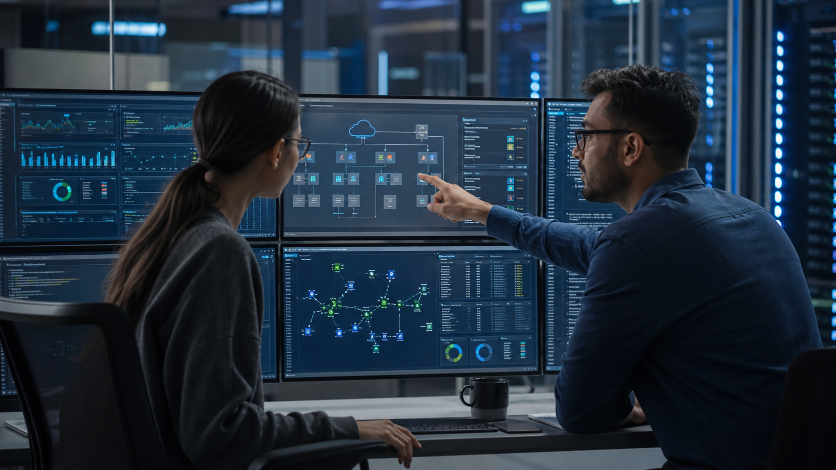 Equipo técnico revisando diseño de arquitectura AWS con red, identidad y controles de seguridad